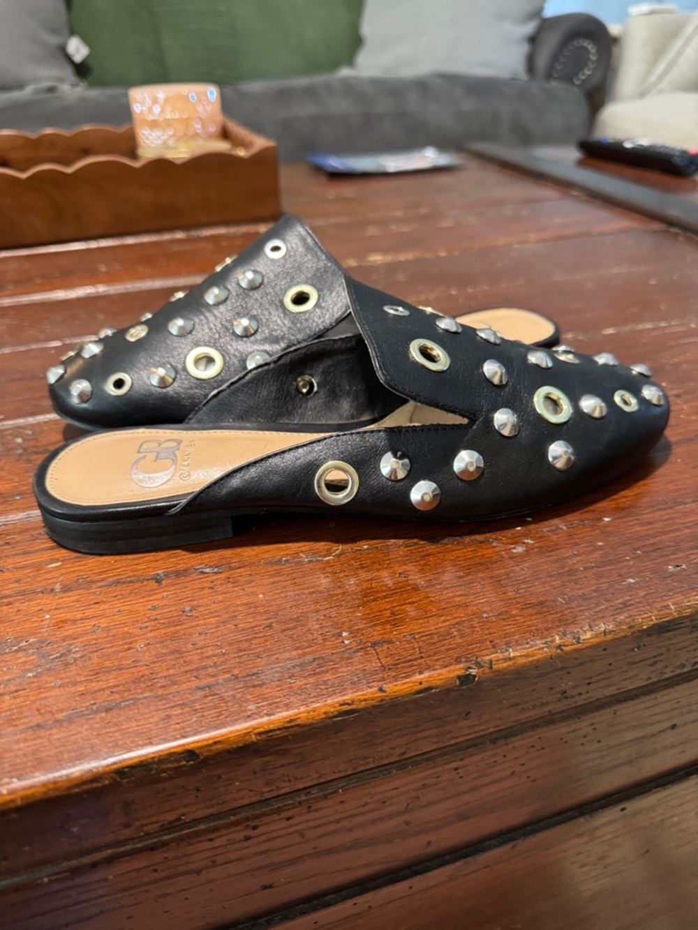 Gianni Bini Black Leather Stud & Grommet Mules - Picture 3 of 3